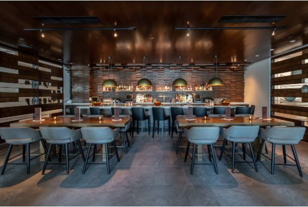 bar counter with empty black and gray chairs and tables in front with low hanging green lights